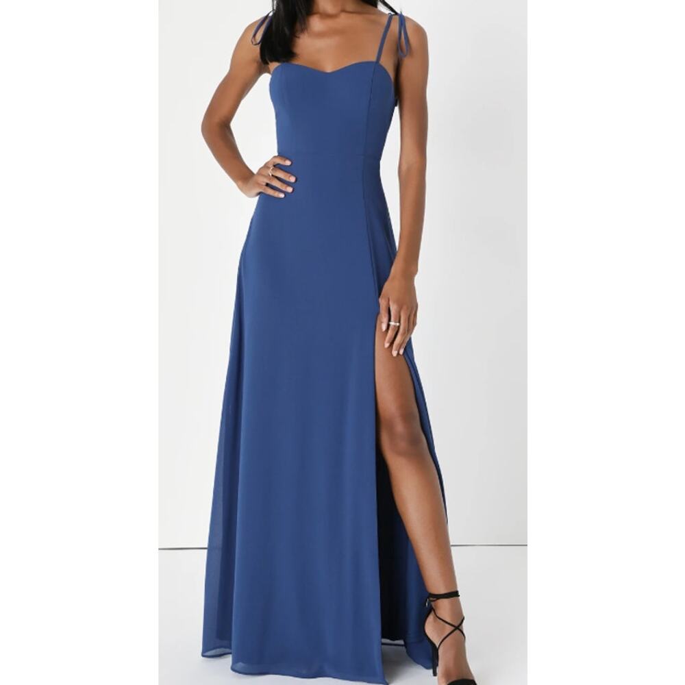 LULU'S S Darling Devotion Blue Tie-Strap Party Bridesmaid Maxi Dress NEW B123